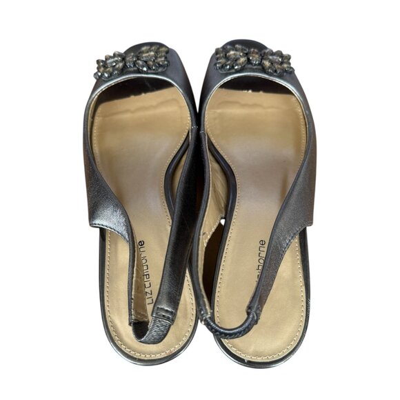 Liz Claiborne metallic silver embellished peep toe slingback heels women's 6 1/2 - Picture 6 of 11